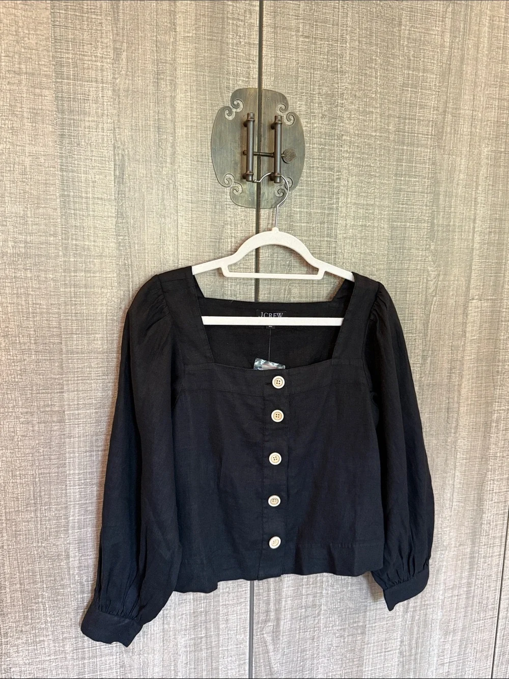 J. Crew Black Square-Neck Button Front Puff Sleeve Blouse In Linen